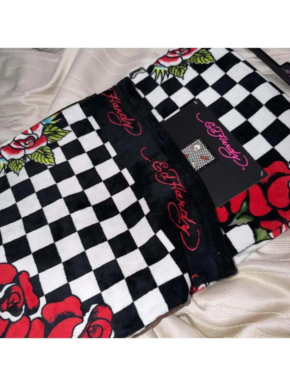 Ed Hardy Checkered Skull Rose Beach Towel 100% Cotton 36x68 NWT